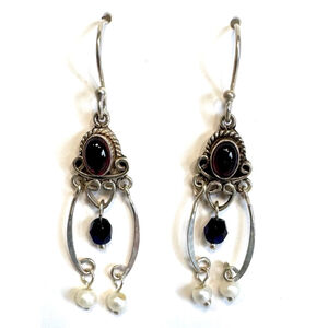 Unbranded 925 Silver garnet pearl glass bead filigree dangle earrings